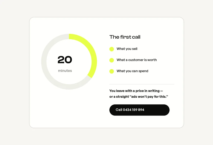 A 20-minute call agenda card ending with a price in writing
