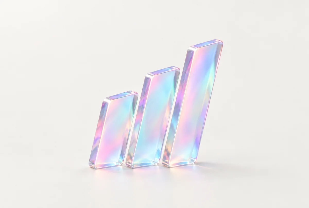 Three sheared glass slabs stepping up like a bar chart