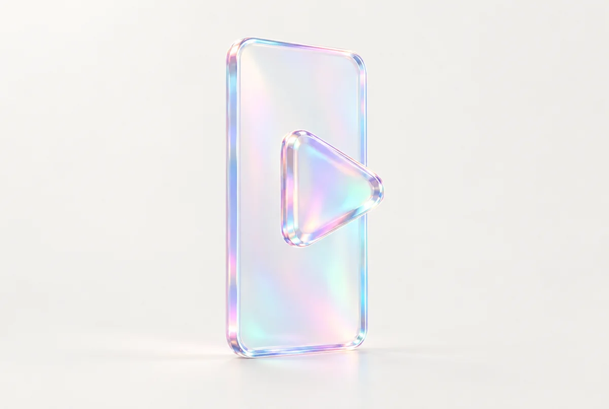 A glass phone shape with a play triangle floating in front of it