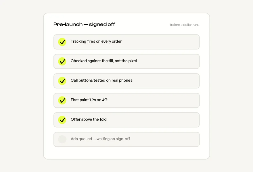 The go-live checklist with signed rows and ads queued awaiting sign-off