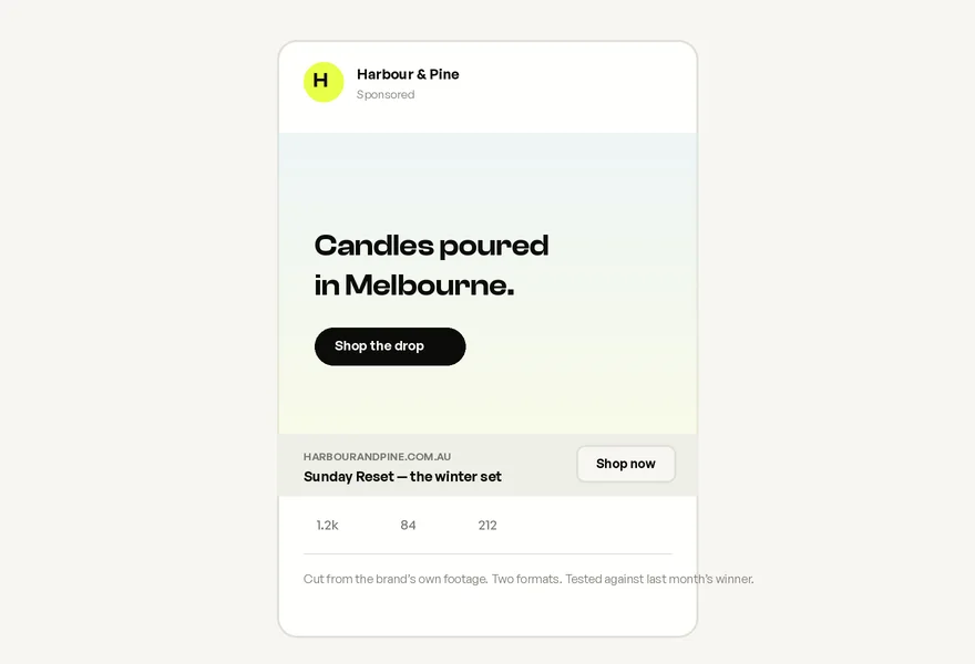 A social ad for a fictional candle brand with a clear offer and a shop button