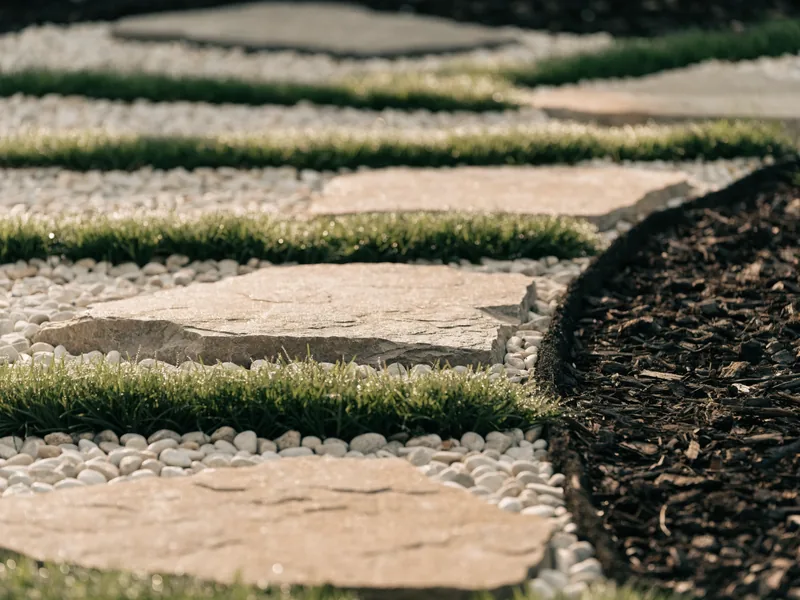 Sandstone stepping stones set into gravel with planting between them