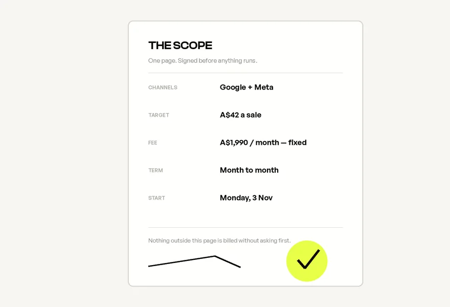 The one page AXIS scope with channels, target, fixed fee, term and start date
