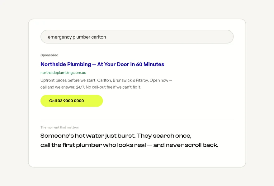 A search ad for a fictional plumbing company with a call button
