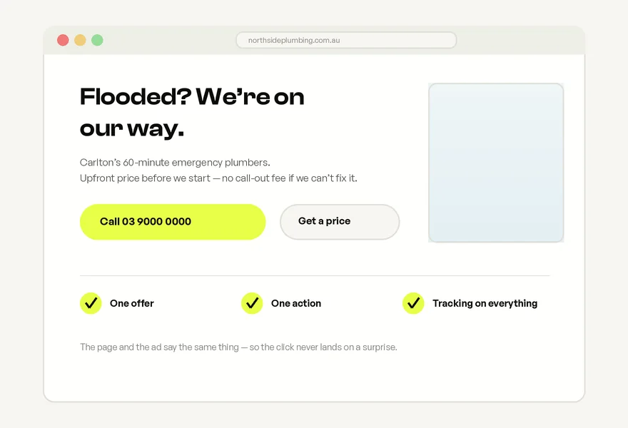 A landing page build for a fictional plumbing company with a call button